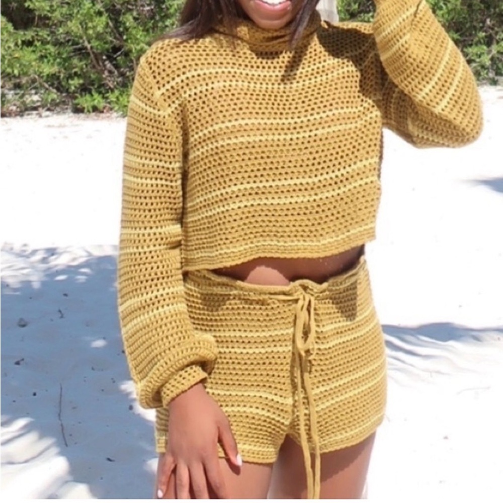Free People Beach Montauk Dunes Crochet Set Top Sweater Shorts Spring Break S